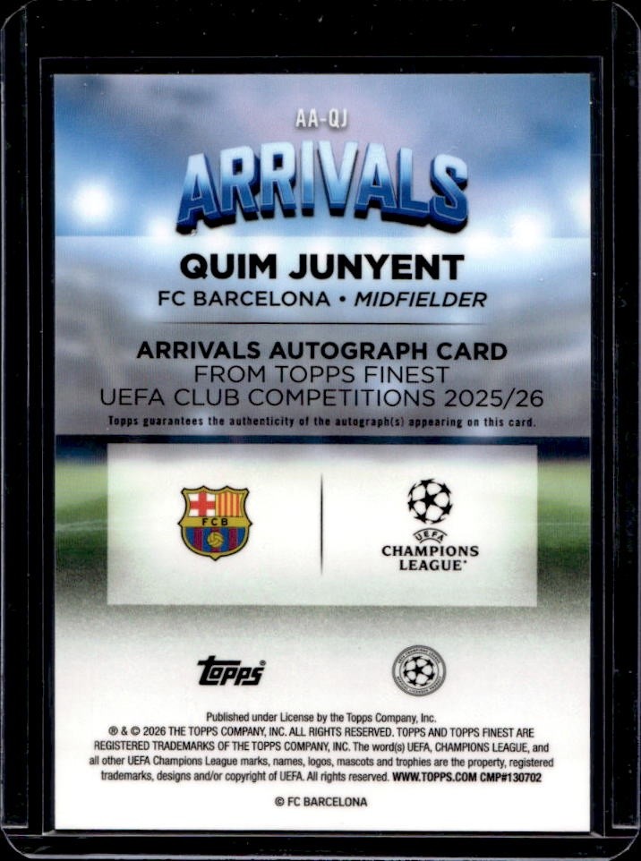 2025-26 Topps Finest UEFA Club Competition Quim Junyent Arrivals Auto RC #AA-QJ view 2