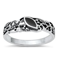 Leaf Filigree Black Onyx Unique Ring New .925 Sterling Silver Band Sizes 4-10