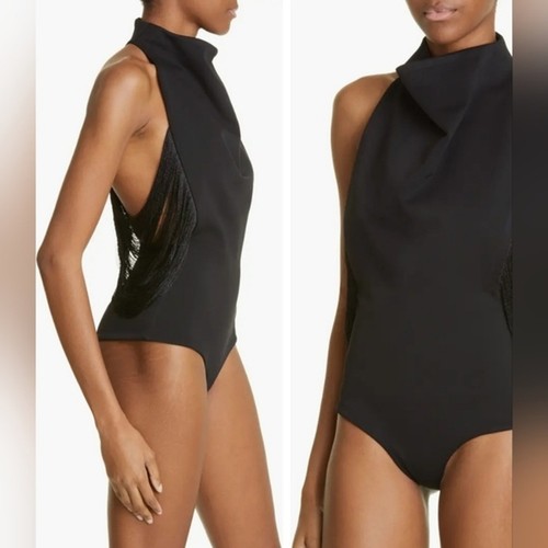 Body MAXIMILIAN DAVIS Talla 8 Negro Escote Embudo Sin Mangas Flecos de Seda - Imagen 3 de 17