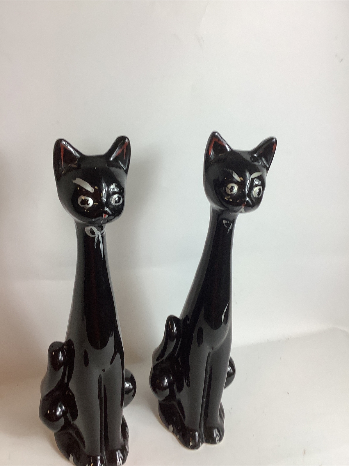 Vintage 14” 195060s Pair Of Long Neck Black Cat Hand Painted Vases