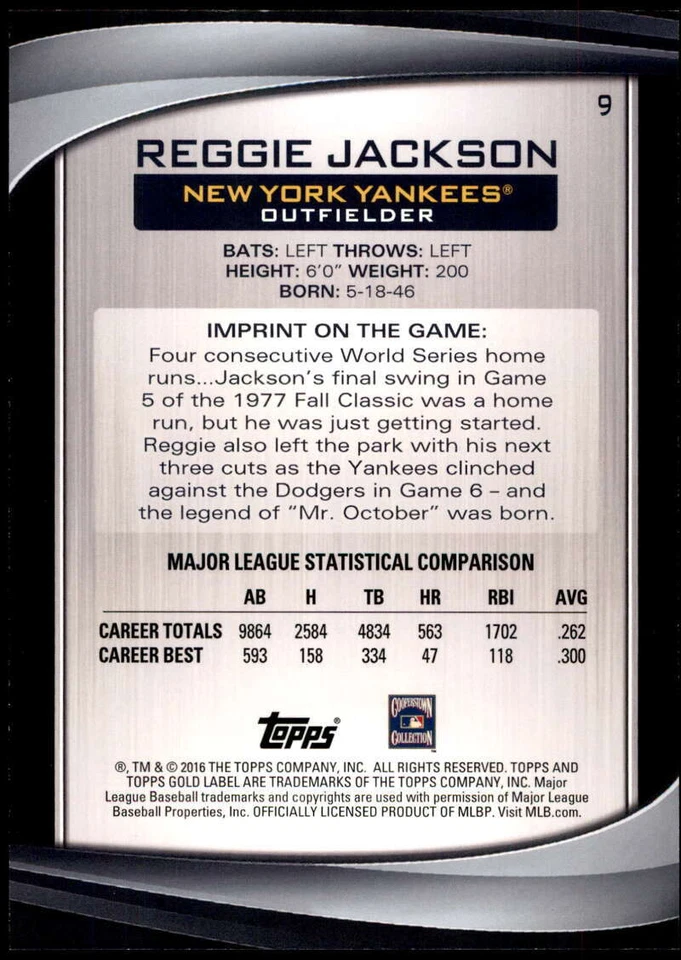 Reggie Jackson 2016 Topps Gold Label 5x7 Class 3 Gold #9 /10 Yankees - Image 2 of 2