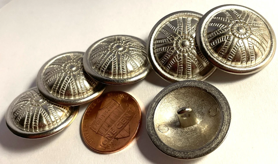 6 Domed Etched Silver Tone Metal Shank Buttons 7/8" 22.5mm 12805 - Image 3 of 3