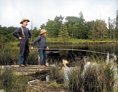 1900 Man and boy fishing with cane pole from shore 11 x 14" Photo | eBay