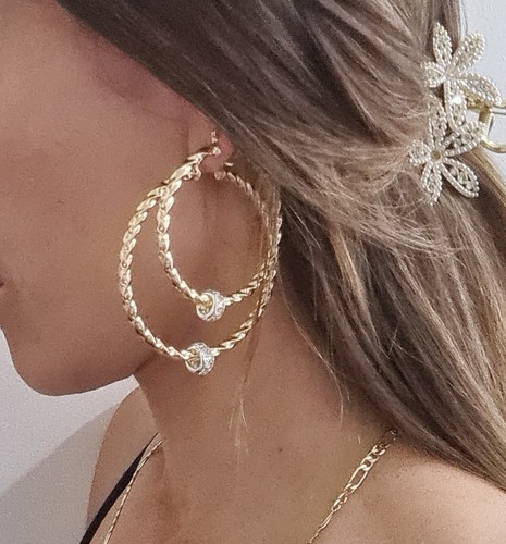 Twisted Gold Hoop Earrings With Cz Balls 9ct Gold Filled 50mm Small Twist Hoops - Picture 4 of 7