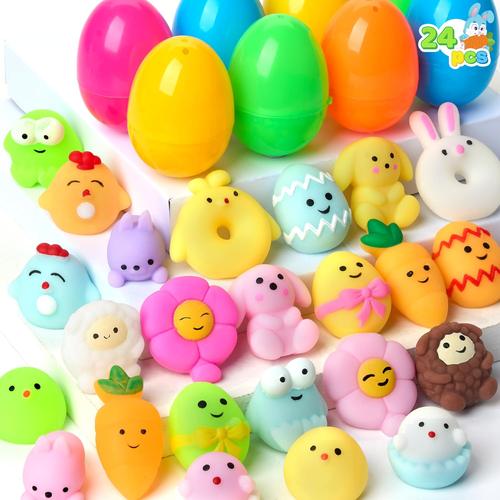 24 Pcs Easter Prefilled Eggs with Mochi Squishy Toys, Cute Stress Reliever Squis