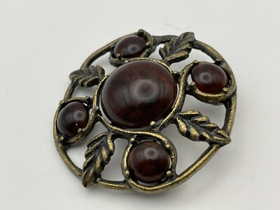Vintage Brass Colored Round Brooch Pin With Leaves & Root Beer Colored Cabochons