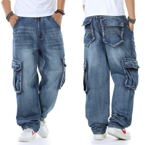 Mens Casual Loose Tooling Jeans Retro Cargo Pants Denim Rugged Trousers 30W-46W - Picture 1 of 18