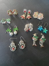 Christmas Earrings 9 Pairs, Unmarked , Silver Tone, SANTA SNOWMEN BELLS C3