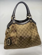 GUCCI Tote Hand Bag 211944 GG Canvas Leather Beige Dark Brown Sukey Purse