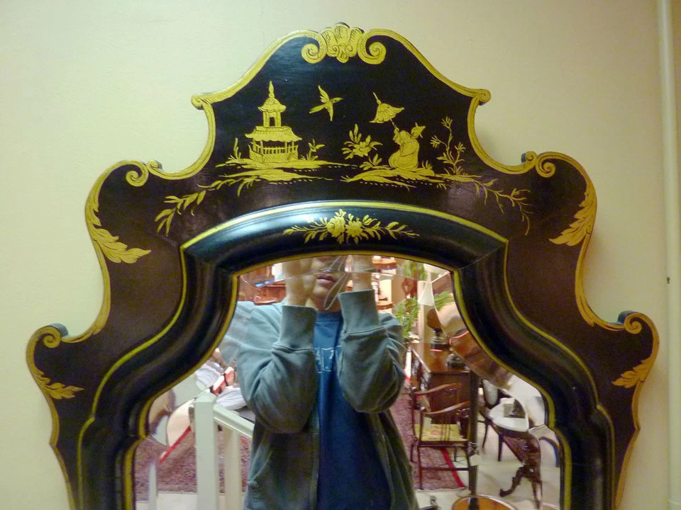 Espejo ebonizado chino oriental pintado a mano, alrededor de los años 40 Foto 2 de 4