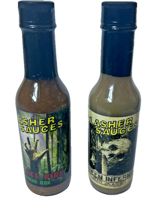 2  Slasher Hot Sauces- 5 oz-Green Inferno (Jalapeno)-Fulci's Fire (Zombie Jerk)