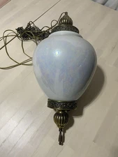 Vintage MCM Mid Century Modern iridescent globe hanging lamp/light with brass