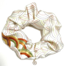 Handmade Scrunchie from Vintage Japanese Kimono with Seigaiha Embroidery