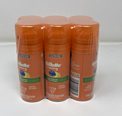 NEW 6 Pack  Gillette Fusion 5 Ultra Sensitive Shave Gel 2.5 oz each Travel Sz