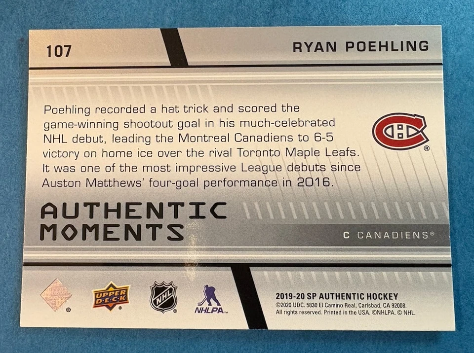 2019-20 SP Authentic Moments #107 Ryan Poehling Montreal Canadiens NHL ROOKIE - Image 2 of 2