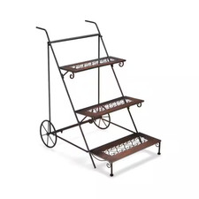 3-Tier Metal Plant Stand with Wheels and Handle for Balcony