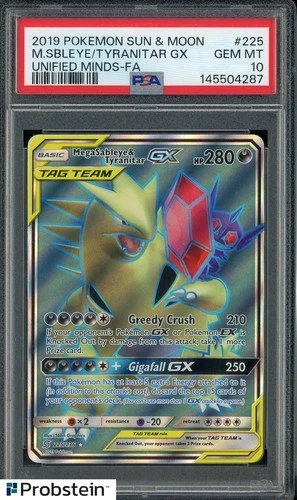 2019 Pokemon Sun & Moon Unified Minds FA #225 Mega Sableye & Tyranitar Gx PSA 10