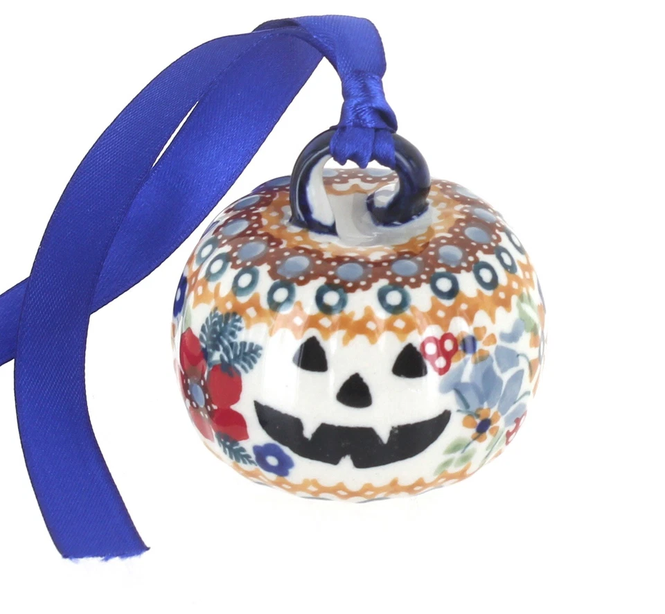 BLUE ROSE POTTERY Blue Rose Polish Pottery Red Daisy Pumpkin Ornament