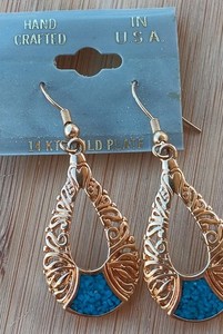 Authentic GENUINE TURQUOISE  GOLD PLATED FILIGREE EARRINGS Drop Dangle   Made In The U.s.a