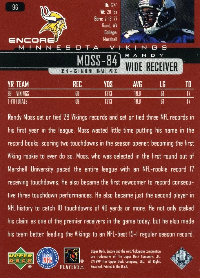 Randy Moss 1999 Upper Deck Encore F/X /100 Minnesota Vikings - Image 2 of 2