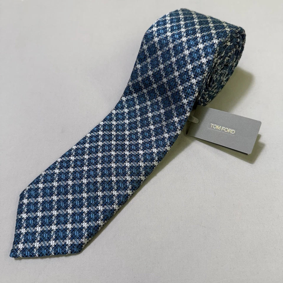 Tom Ford Neck Tie Silk Plaid Light Blue/Silver Designer Made In Italy - Image 3 of 4