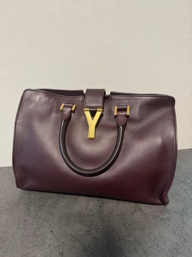 YSL Saint Laurent Handbag Shoulder Bag Bordeaux Leather Gold Metal Y-Logo Womens