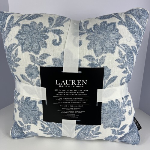 Lauren Ralph Lauren Blue White Floral Pillow Indoor Outdoor 18 x18 Set of 2 NEW