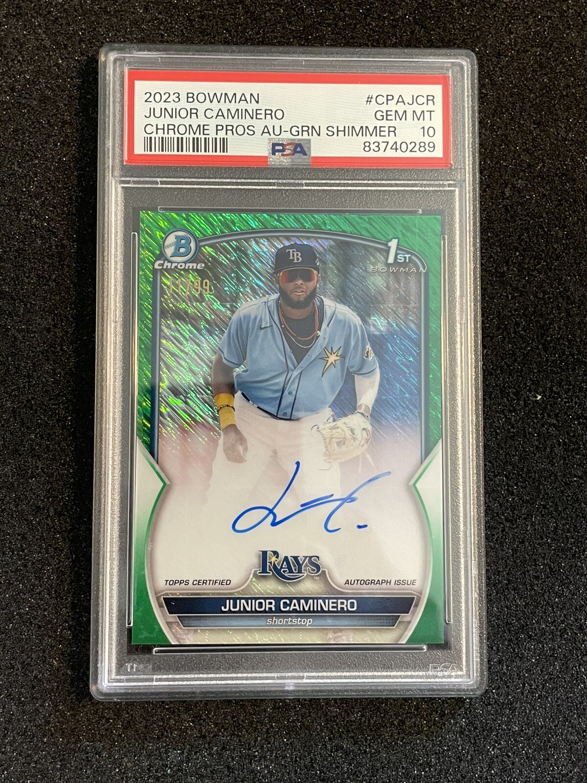 2023 Bowman Chrome 1st Junior Caminero #CPAJCR Green Shimmer Auto #11/99 PSA 10
