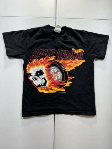 Vintage Hot Wheels T-Shirt Boys S Black Speed Demon Cars Racing Skull 90s