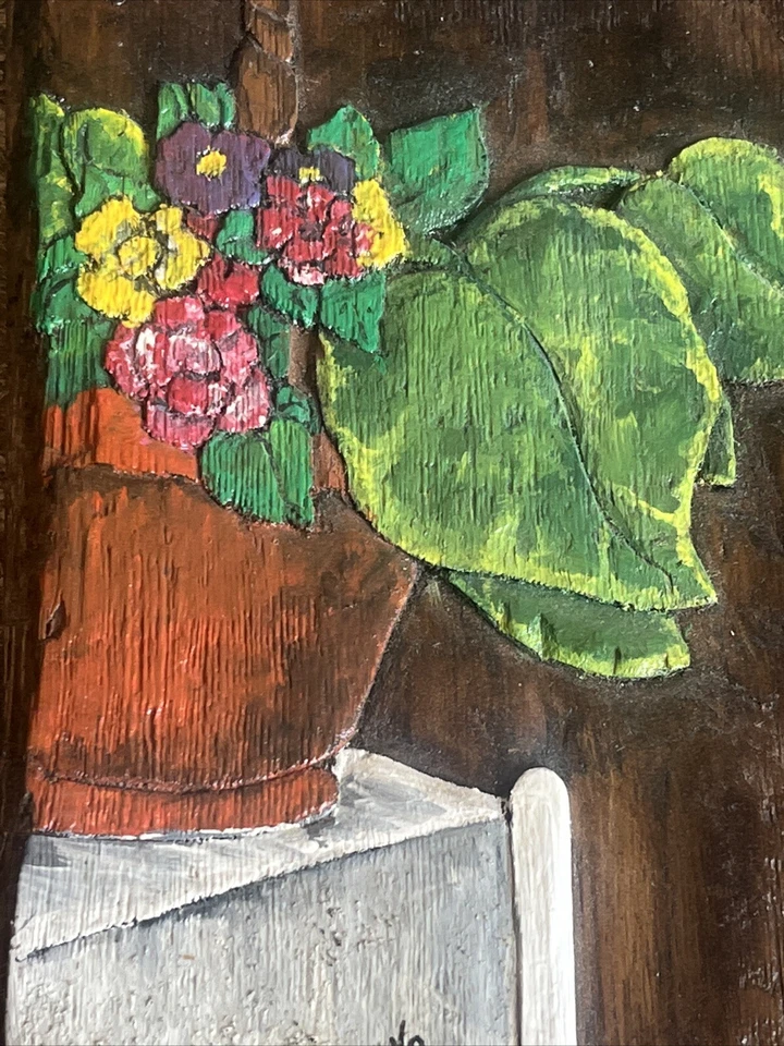 Plant Flowers Hand Carved And Painted Art Signed Charming Shelf Sitter 8.5” - Image 2 of 4