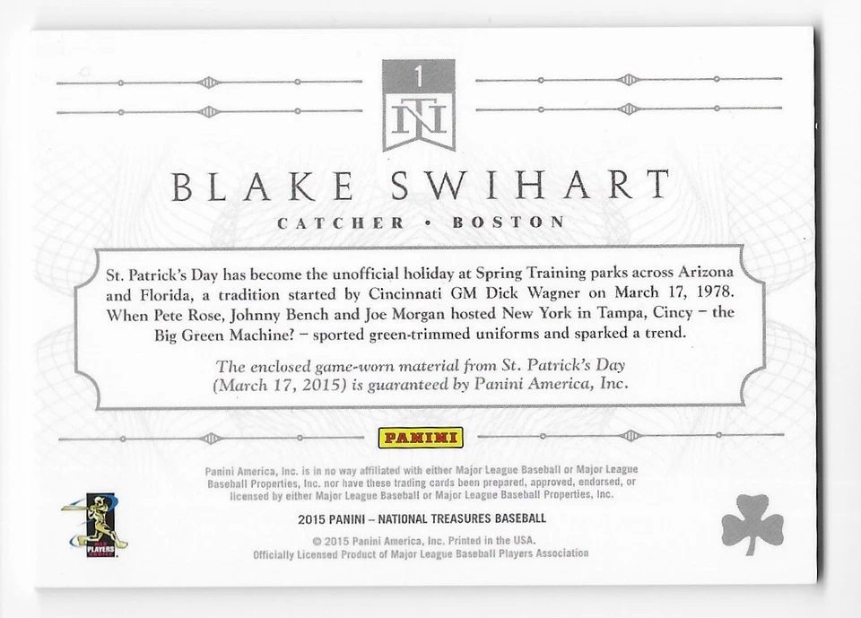 Camiseta Panini National Treasures 2015 Día de San Patricio Blake Swihart novato/49 Foto 2 de 2