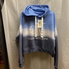 CALVIN KLEIN Tie Dye OMBRE Women s CROPPED Hooded Blue Sweatshirt Sz Medium NEW