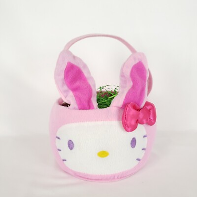 Hello Kitty Plush Easter Basket Pink Bunny Ears Satin Bow w/ Grass Ships Fast!
