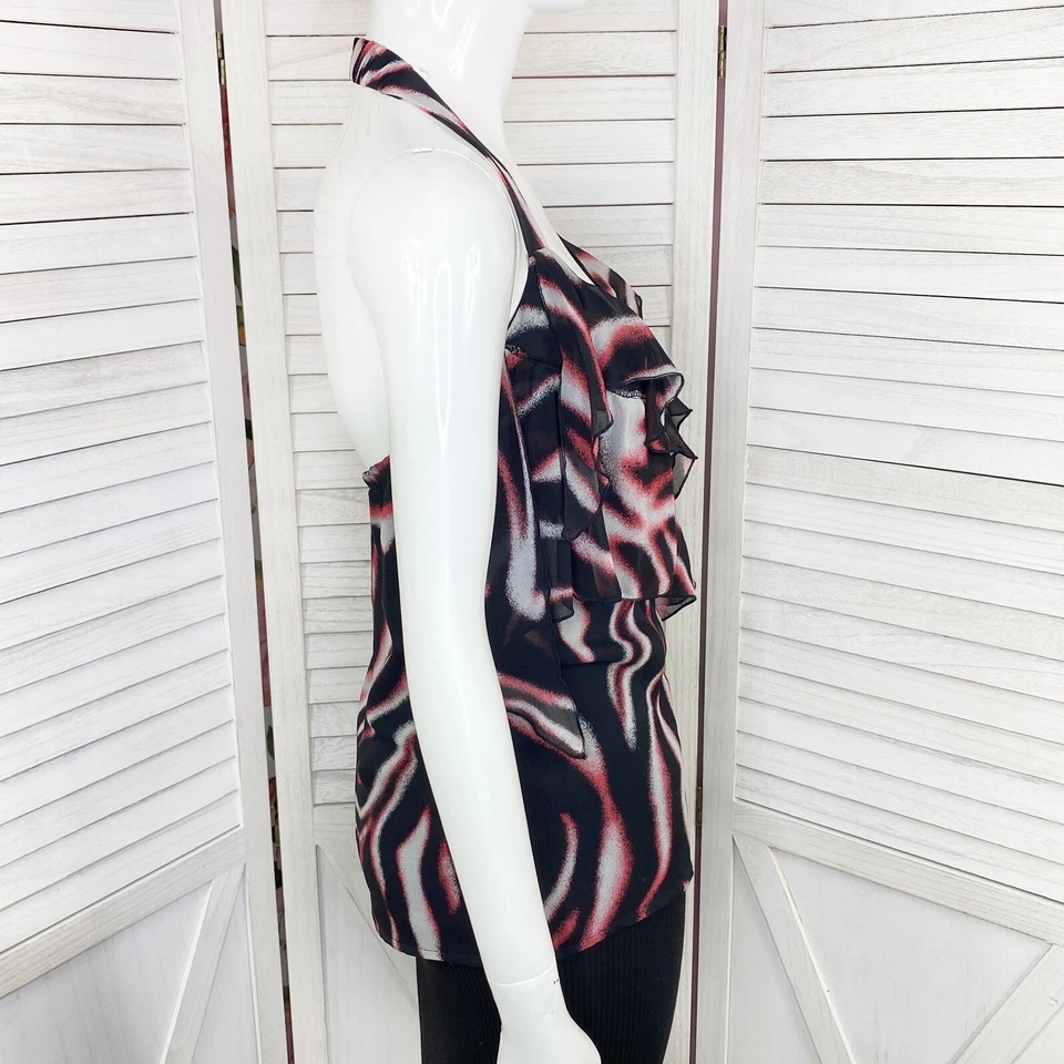 Blusa Bebe Halter Mujer XS Rosa Negra Estampada Seda Gasa Volantes Ribete Abierta Foto 3 de 4