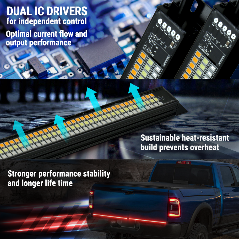 OPL5 Led Tailgate Light Bar 60 inch Quad Row 624 Pcs LED Amber Turn Signals, Red