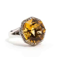 Unique Octagonal Shape Honey Yellow Citrine With Bright White CZ Fabulous Ring