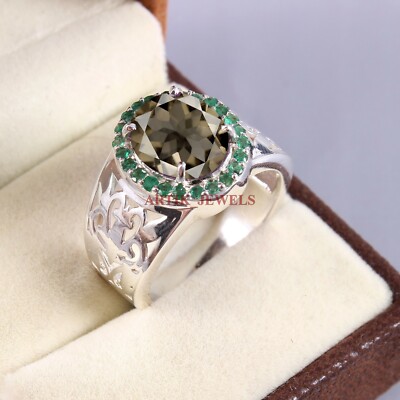 Natural Smoky Quartz & Onyx Gemstone with 925 Sterling Silver Men's Ring #5366