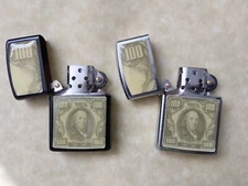 WINDPROOF FLIP TOP OIL LIGHTER 12PCS DISPLAY DOLLAR BILL DESIGN 