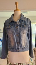 Womens Pre-washed Jean Jacket Pockets Long-sleeved Light Blue Size Medium