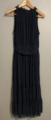 Max Studio Dress Womens Medium Blue Chiffon Maxi High Neck Tiered Boho Fairy