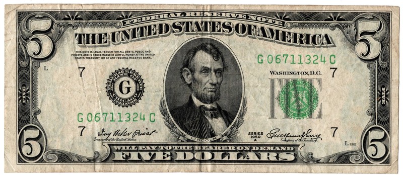 1950 A $5 Five Dollar Federal Reserve Note FRN Chicago "G" Green Seal Circulated
