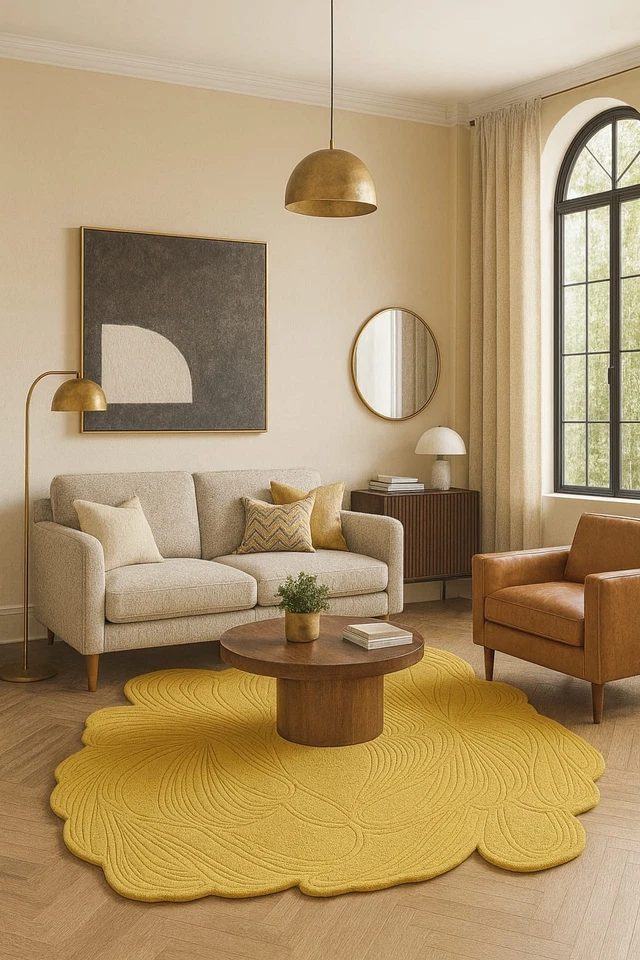 Alfombra de lana artesanal acolchada a mano artística amarillo mostaza patrón floral moderna Foto 3 de 3