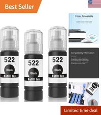 T522 Black Ink Replacement Bottles - 3-Pack, Long Lasting, 210ml Total