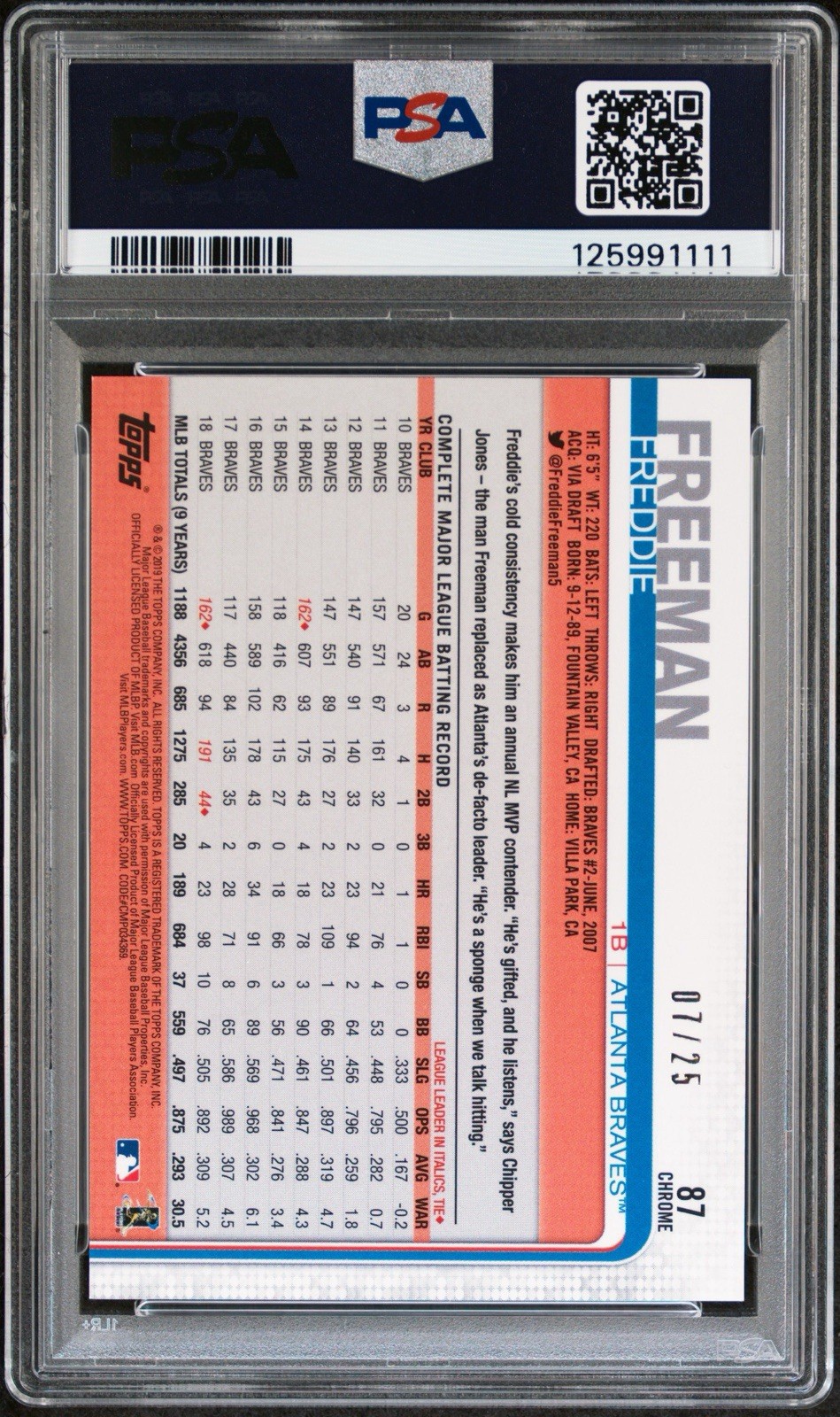 2019 Topps Chrome #87 Freddie Freeman Orange Wave Refractor PSA 10 /25 Gem view 2