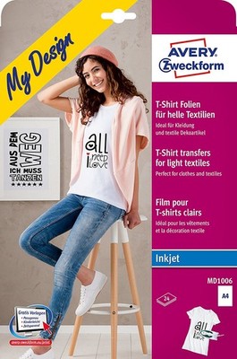AVERY Zweckform My Design T-Shirt Transfer Folie DIN A4 helle Textilien 24 Stück
