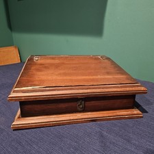 Antique ? Slant Top Wood Desk Box, Sloped Lid, Strap Hinges, Latched
