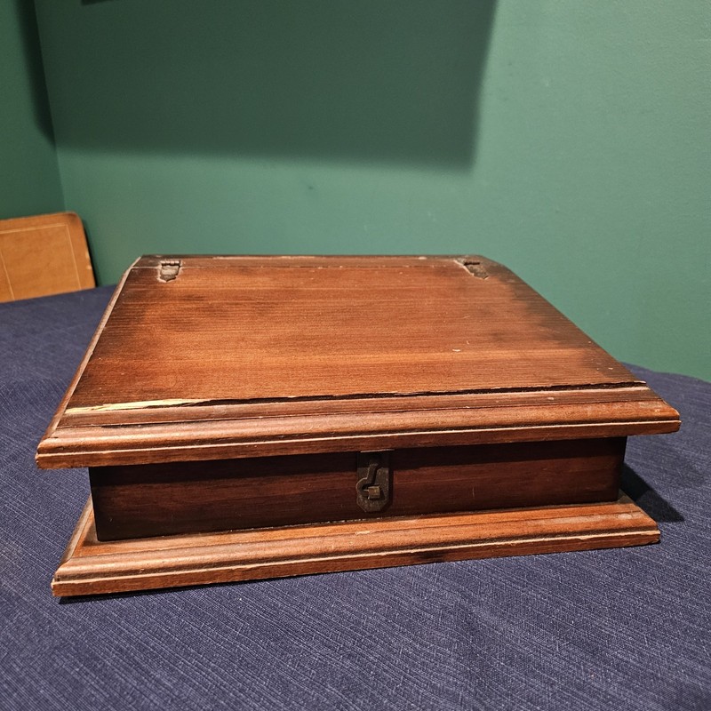 Antique ? Slant Top Wood Desk Box, Sloped Lid, Strap Hinges, Latched