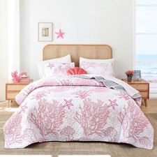 Coastal Quilts Bedding Set Queen Size - Pink Summer Nautical Bedding Quilt wi...
