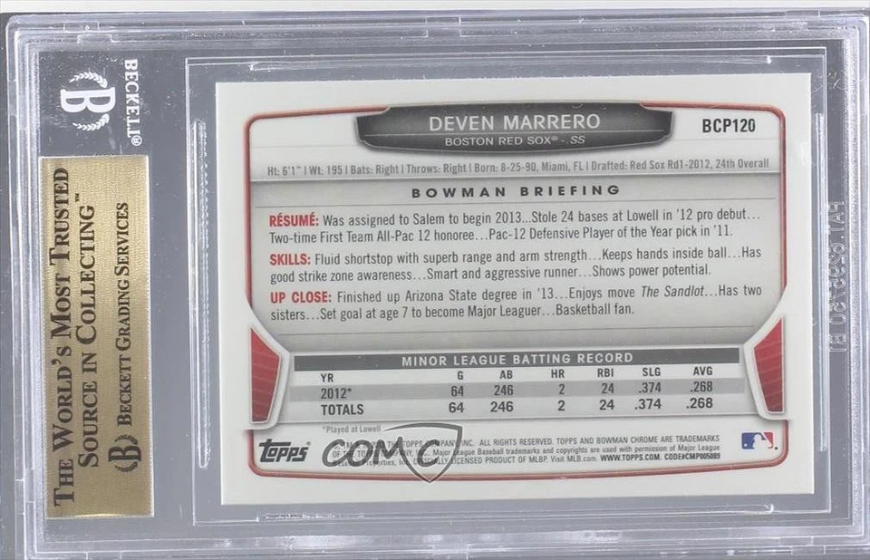 2013 Bowman Chrome Prospects Deven Marrero (Leg Kick) #BCP120 BGS 10 PRISTINE - Image 2 of 2