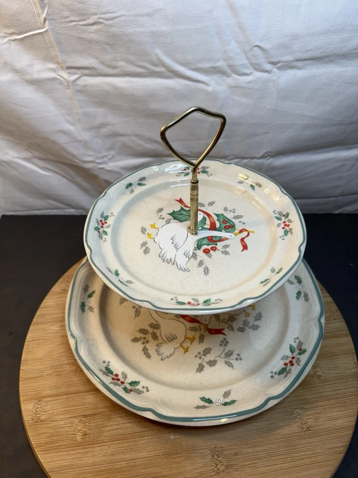 Vintage goose Christmas international table works tray Tidbit Tray two Level - Image 2 of 4